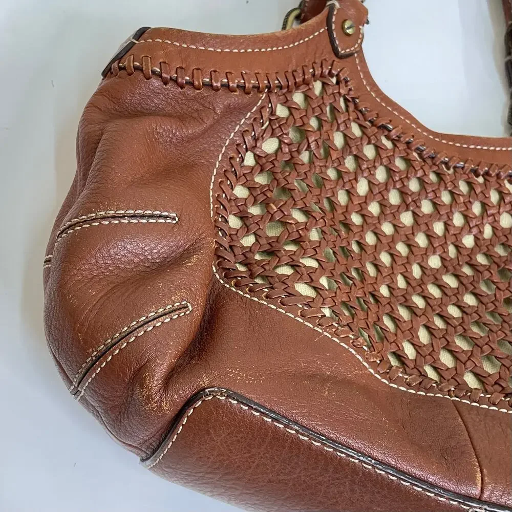 Cole Haan Paige Brown Crochet Woven Leather Double Handle Hobo Bag Purse